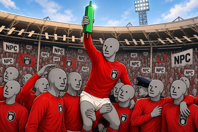The image depicts a stadium scene where a faceless gray figure in an "NPC" red jersey triumphantly hoists a green candle while being carried by a crowd of identical NPC followers, with "NPC" banners filling the stands. This visualizes the "When you know how the script ends" post by portraying crypto holders as predictable NPCs following a predetermined rally toward a bullish green candle outcome.