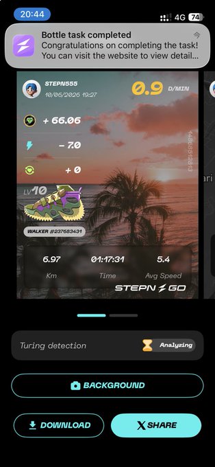 The image shows a phone screen displaying an app called "Stepn Go" with a tropical beach scene as its background. The app has a timer, distance, and calories tracking feature. A message congratulating the user for completing their task is also visible on the screen.