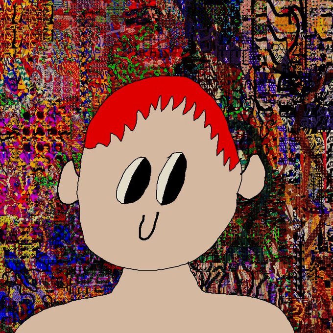A cartoonish figure with bright red hair, wide cartoon eyes, and a small "U"-shaped mouth is set against a chaotic, glitch-art background of vibrant pixelated noise and abstract patterns, evoking the fragmented, meme-like digital aesthetic referenced in the post about "specific moments in history" minted as an NFT on SuperRare.