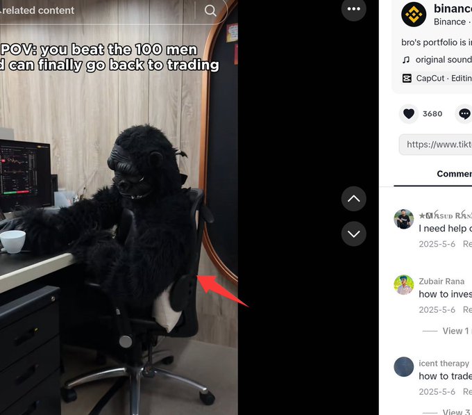 A TikTok screenshot shows a person in a gorilla suit sitting at a computer desk with the caption 'POV: you beat the 100 men and can finally go back to trading,' with a Binance logo visible on the right.
