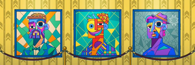 A vibrant, cubist-style gallery showcasing three colorful pop-art portraits in framed displays, fitting the artistic NFT theme of the Pikkazo mint giveaway.
