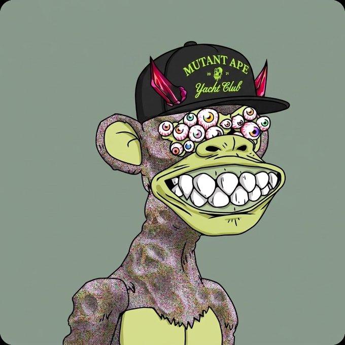 A cartoon-style illustration of a green ape character with multiple eyeballs across its forehead, wearing a black cap that reads 'MUTANT APE Yacht Club' with red horn-like decorations.