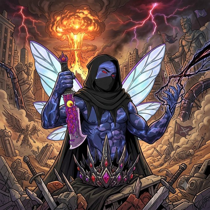 A digital illustration of a blue-skinned masked assassin with insect-like wings, holding a purple blade amid a destroyed cityscape with a mushroom cloud and a giant statue in the background.