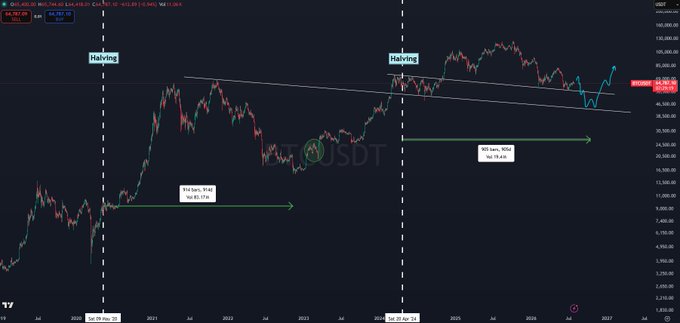 A Bitcoin (BTCUSDT) candlestick chart displaying two halving cycles marked at 2020-05-20 and 2024-05-20, with green arrows indicating "To HL" (higher low) projections after each halving event, showing BTC trading around $103,524. The chart supports the post's bullish thesis by illustrating the historical pattern of higher lows forming after each halving, suggesting the expected late August/September dip would print a bear market low before BTC rallies toward $100K+ and new all-time highs by 2027.