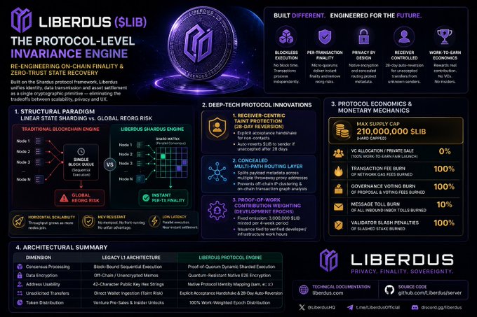 A detailed infographic for **Liberdus ($LIB)**, presented as a protocol-level invariance engine built on the Shardus framework, highlighting features like blockless sharding, per-transaction finality, and zero-trust state recovery. Key stats include a max supply of 210,000,000 $LIB, 0% VC/private sale allocation, and 100% validator rewards—aligning with the post's focus on rethinking L1 architecture through dynamic sharding, proof-of-quorum consensus, and receiver-controlled privacy.