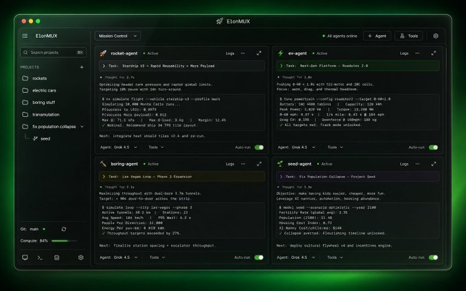A dark-themed 'ElonMUX' mission control dashboard interface labeled 'Ecosystem Transaction Share (30d) Base Agentic' displaying four active task panels with green status indicators.