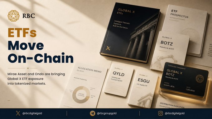 The image features a poster for ETFs, which includes various books and a book titled "Global X" with a building design on its cover. The poster also mentions that ETFs are moving onto-chain, possibly through tokenization by Mirae Asset and Ondo. This change in distribution model is significant because it allows for more efficient management of ETF exposure within the financial markets.