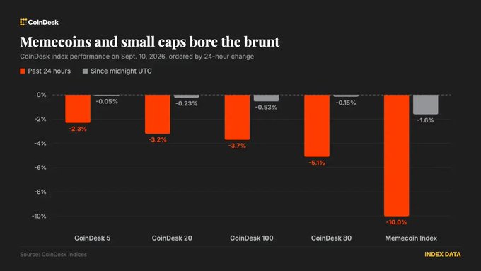 CoinDesk chart titled 'Memecoins and small caps bore the brunt' showing CoinDesk index performance on Sept. 10, 2026, with the Memecoin Index down 10.0% in the past 24 hours, the worst performer among the indices.