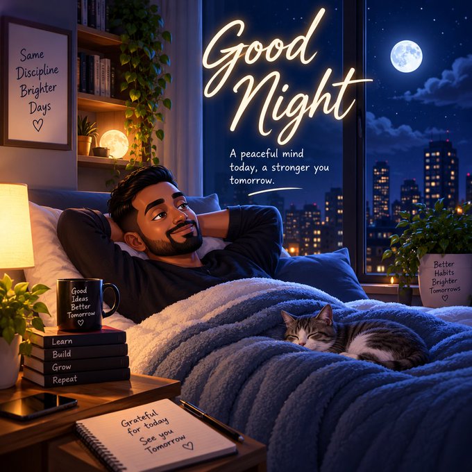 An illustrated 'Good Night' image showing a man relaxing in bed with a cat, surrounded by motivational phrases like 'Same Discipline Brighter Days,' 'Learn Build Grow Repeat,' and 'Better Habits Brighter Tomorrows,' with a city skyline and moon visible through the window.