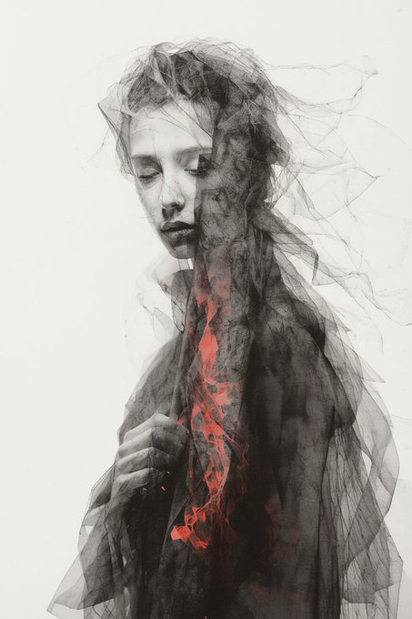 A black and white artistic portrait of a woman enveloped in dark, sheer, tulle-like fabric, with striking red color accents resembling fire or blood on her chest.