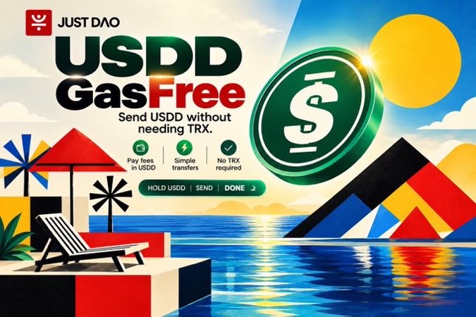 A promotional graphic for 'JUST DAO' advertising 'USDD GasFree' with text stating 'Send USDD without needing TRX,' featuring a large USDD coin over a stylized poolside scene.