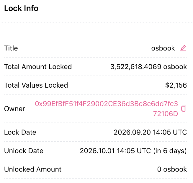 A 'Lock Info' table showing details for 'osbook' with a Total Amount Locked of 3,522,618.4069 osbook ($2,156), owner address 0x99EfBf51f4F29002CE36d3Bc8c6dd7fc372106D, Lock Date 2026.09.20 14:05 UTC, and Unlock Date 2026.10.01 14:05 UTC.