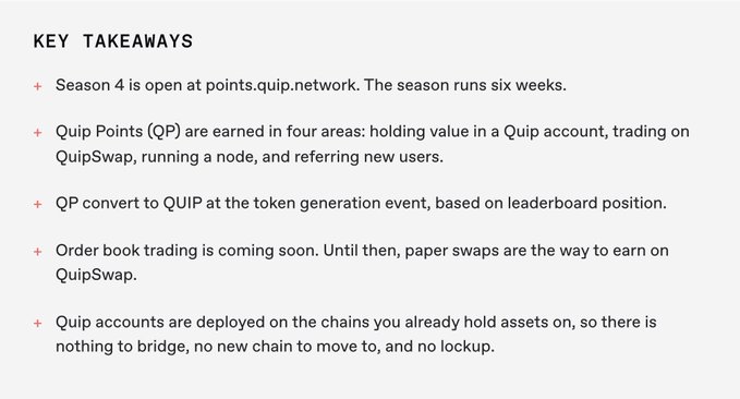 A text-based slide titled 'KEY TAKEAWAYS' listing bullet points about Quip Network, including 'Season 4 is open at points.quip.network', information on earning 'Quip Points (QP)', and details about QuipSwap and 'QUIP' tokens.