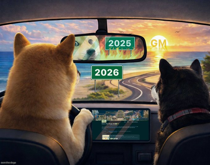 The image shows a Shiba Inu and a husky in a convertible car driving toward a sunset, with the Shiba visible in the rearview mirror behind a "2025" sign (which appears to be on fire), while a "2026" sign marks the road ahead — visually symbolizing the transition from 2025 to 2026, aligning with the caption's claim that 2026 will be a "Pup Only" narrative. The rearview mirror showing the burning Shiba behind them suggests leaving behind $SHIB's era, while the road ahead leads toward the husky's $PUPE dominance.