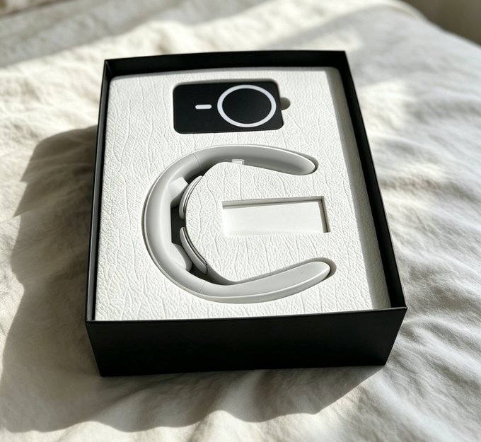 A sleek black box on a white bed contains a white neck massager with a circular magnetic control unit. The product appears to be a neck relief device, fitting with the post's mention of a massager to help alleviate neck soreness.