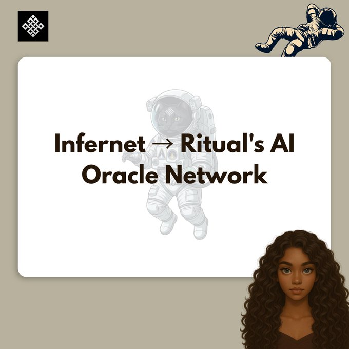 The image features a woman with curly hair standing next to a white background that says "Infernet = Ritual's Al Oracle Network" written in black text. The woman appears to be looking at the poster, possibly intrigued by the content displayed on it.