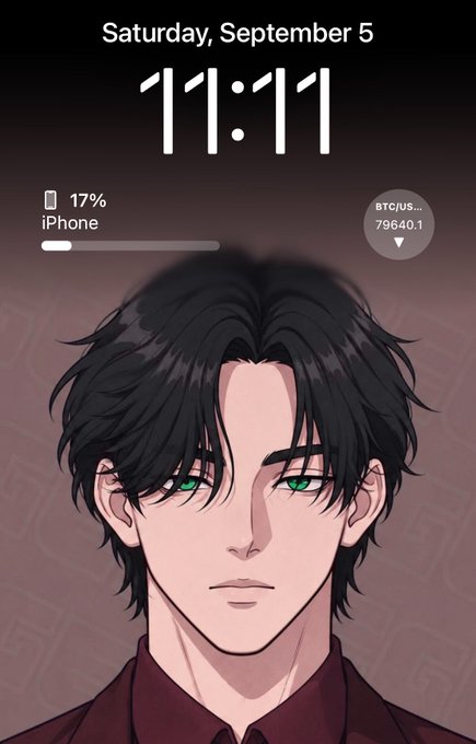 An iPhone lock screen showing the time 11:11 on Saturday, September 5, with 17% battery and a BTC/US... widget at 79640.1, featuring anime-style male character wallpaper.
