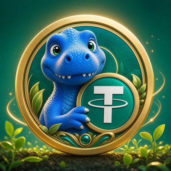 A digital illustration of a blue cartoon dinosaur holding a large gold Tether (USDT) coin with a green center, set against a lush green background with leaves.