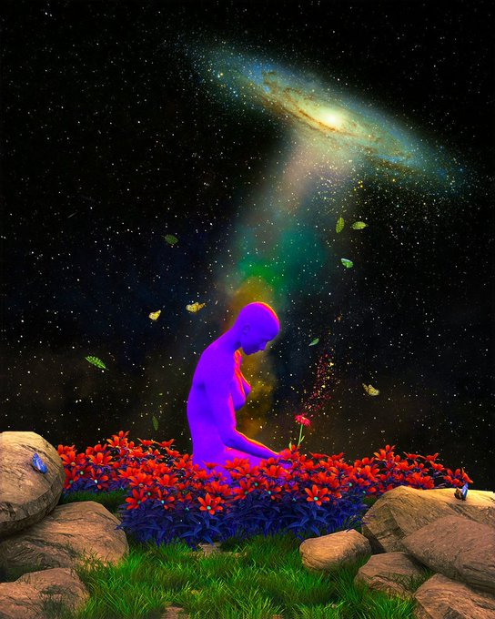 A surreal cosmic artwork depicts a glowing purple humanoid figure kneeling among vibrant red flowers and rocks beneath a swirling galaxy and rainbow light beam, with butterflies floating around.