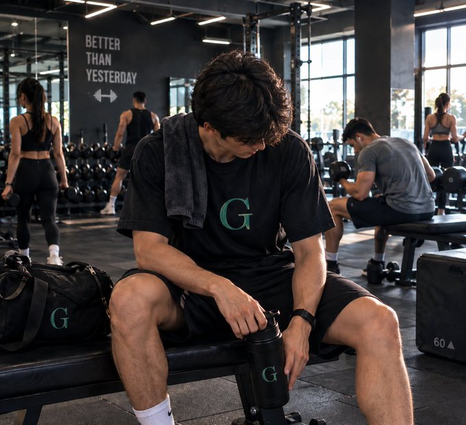 A young man in a gym sits on a bench looking down at a black shaker bottle, wearing a black t-shirt with a green 'G' logo and a matching gym bag beside him.