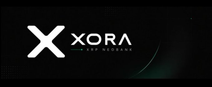 A dark logo screen displaying the white 'XORA' brand name with 'XRP NEOBANK' tagline.