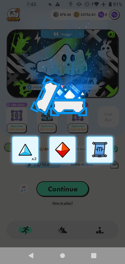 A mobile game screenshot showing a 'Jogger' level 28 card being opened, with options to spend 5424 energy, GMT tokens, or GST to claim rewards.