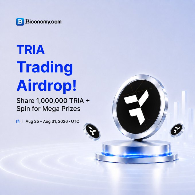 A promotional graphic from Biconomy.com announcing the "TRIA Trading Airdrop!" offering to "Share 1,000,000 TRIA + Spin for Mega Prizes" running "Aug 25 – Aug 31, 2026 · UTC", featuring a large silver TRIA coin.