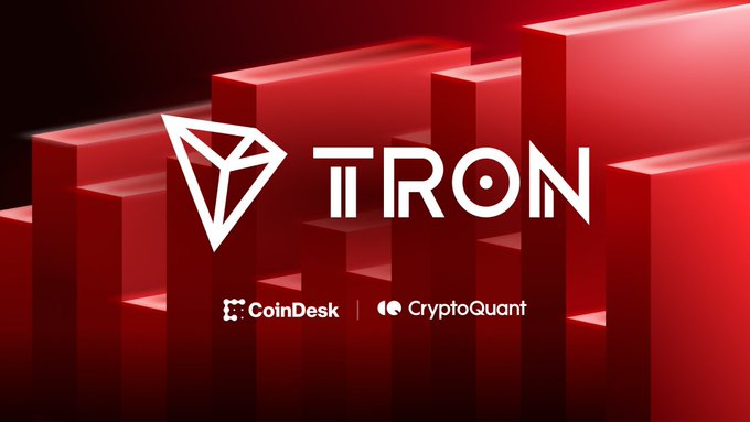 A bold red promotional graphic featuring the TRON logo and name in white, alongside CoinDesk and CryptoQuant branding, set against a dramatic 3D red bar chart background. The image visually reinforces the post's message by highlighting TRON's measurable growth and validation through reports from these prominent crypto analytics firms.
