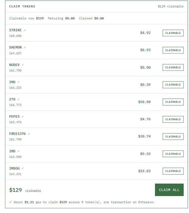 A screenshot of a 'CLAIM TOKENS' interface shows $129 claimable across various tokens including STRIKE, DAEMON, NODEV, IMD, ZTO, PEPES, FREE1376, and IMDOG, with individual claimable amounts and a 'CLAIM ALL' button.