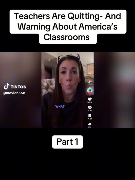 A video clip of a woman speaking about teachers quitting and the impact on classrooms, with a title "Teachers Are Quitting: And Warming About America's Classrooms" and a caption "Part 1".