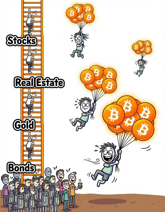 The cartoon contrasts a ladder labeled "Stocks, Real Estate, Gold, Bonds," which people must climb painfully one rung at a time, with figures joyfully lifted skyward by Bitcoin balloons. It visually reinforces the caption by showing Bitcoin as the effortless "balloon" rising above traditional assets that require laborious ladder-climbing.