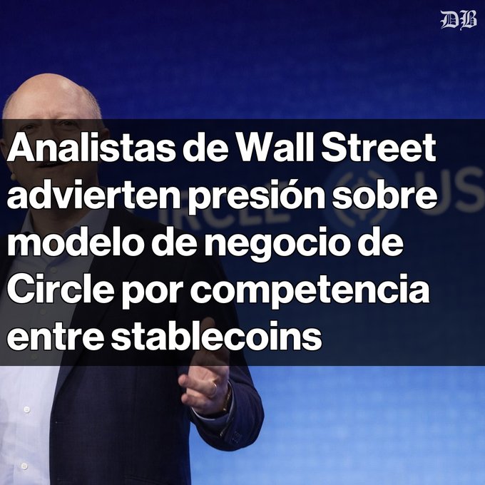 A news graphic features a man speaking at a podium with a Wall Street Journal logo, overlaid with Spanish text: 'Analistas de Wall Street advierten presión sobre modelo de negocio de Circle por competencia entre stablecoins'.