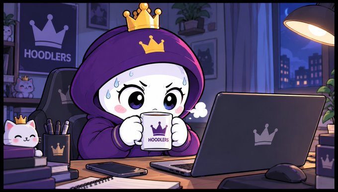 A cartoon character wearing a purple "HOODLERS" hoodie and crown nervously clutches a matching mug while staring at a laptop displaying a crown logo, capturing the anxious anticipation of checking OpenSea for NFT movements.

The image illustrates the post's sentiment perfectly—the sweating, wide-eyed expression conveys the "mental prep" and caffeine-fueled tension of an NFT holder waiting for market action, with the repeated crown and "HOODLERS" branding emphasizing loyalty to the project while the "#WENMOVE" hashtag hints at the restless expectation of an upcoming price rally.