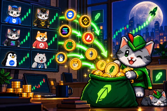 An animated illustration of a cat in a green Robin Hood hat collecting coins from a bag, with crypto coin icons and character avatars displayed on screens.