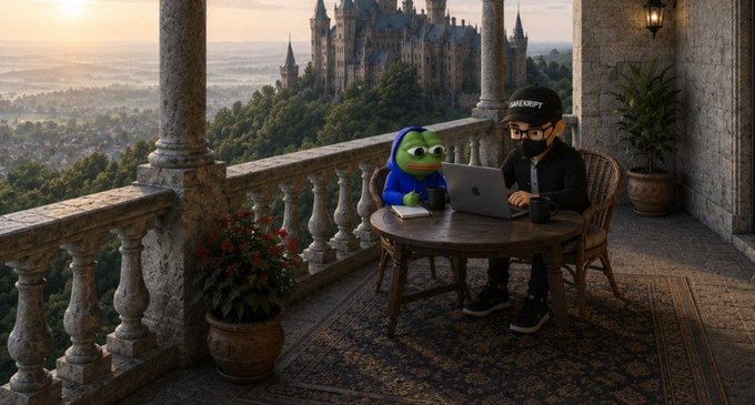 An AI-generated image shows a person wearing a black cap, glasses, and mask working on a laptop at a table with a green frog character wearing a blue hoodie, set on a castle balcony overlooking a landscape.
