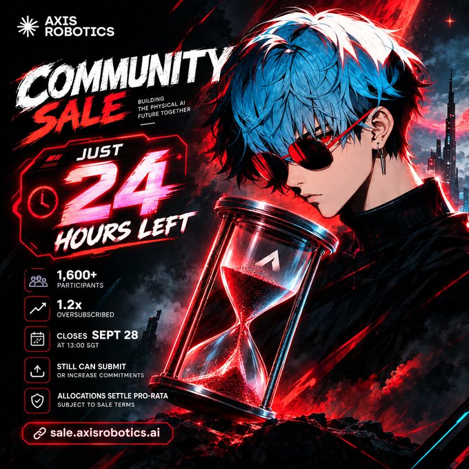 A promotional graphic for AXIS Robotics' Community Sale features a blue-haired anime-style character with red sunglasses next to an hourglass, with bold text announcing "JUST 24 HOURS LEFT" and key stats including 1,600+ participants and 1.2x oversubscribed demand, with the sale closing September 28 at 13:00 SGT. The striking cyberpunk imagery directly illustrates the post's message about the final countdown and strong community participation in building AXXIS Robotics' physical AI future.