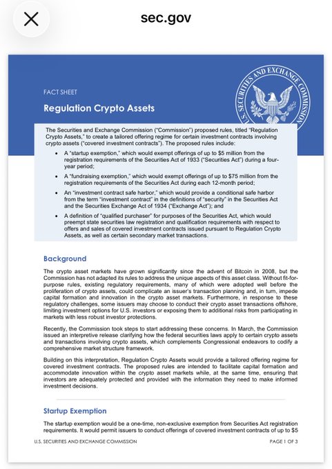 This image shows a SEC Fact Sheet titled "Regulation Crypto Assets" (dated 8/18/2026, Page 1 of 3), outlining proposed rules for issuers of "qualified purchaser" covered investment contracts to conduct offerings up to $5 million, with details on a digital-asset sample fund—matching the accompanying post from @SECGOV about crypto asset regulation.