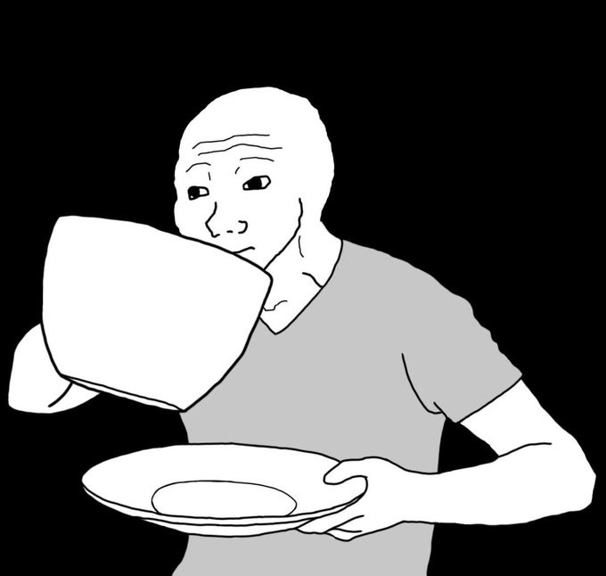 A black and white drawing, often called the 'Wojak' or 'Soyjak' meme, depicts a distressed-looking man holding an empty plate and a bowl.