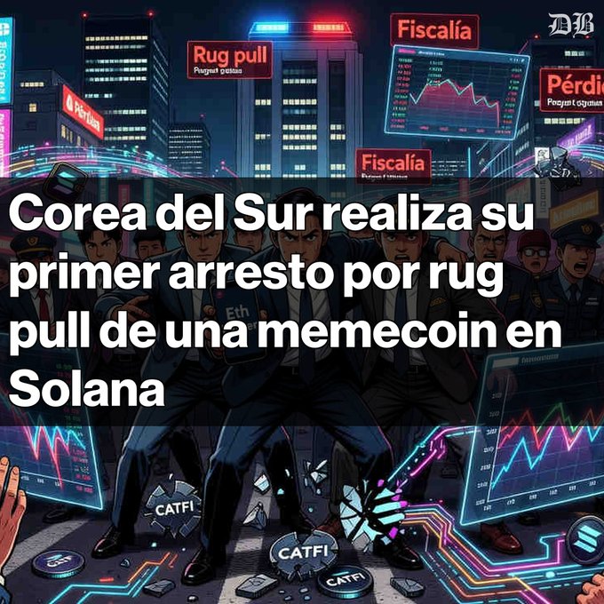 In this image, there are several people depicted with their arms crossed against a backdrop of city buildings under neon lights. In the foreground, three individuals can be seen walking across an urban street while holding hands. A few more people are present farther back on the street. The text in the image reads "Corea del Sur realizada su primer arresto por rug, una memecoin Cinco personas imputadas por el fraude de CATFI, un token en Solana". This phrase seems to be related to a social or networking event taking place on a city street. The presence of the characters' arms crossed might suggest they are engaged in conversation and sharing ideas or thoughts with each other.