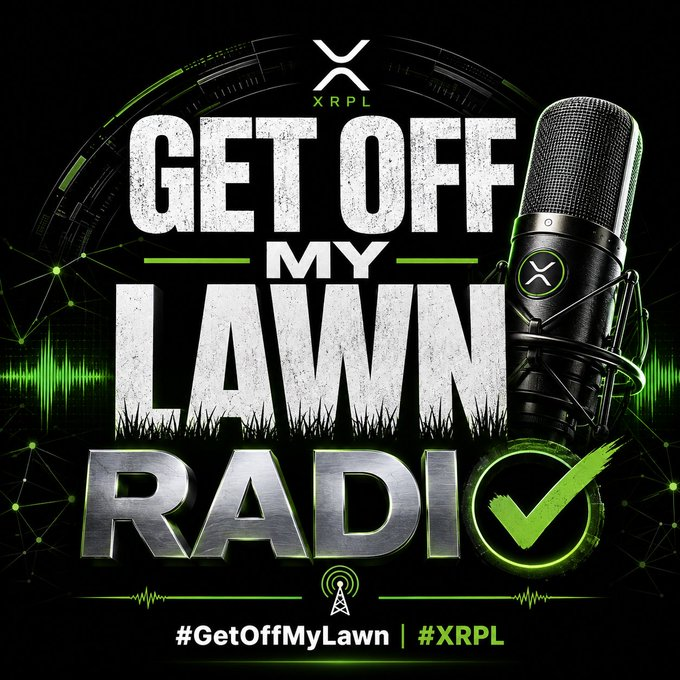 A promotional graphic for 'Get Off My Lawn Radio' featuring the XRPL logo, large white text, a studio microphone, and hashtags '#GetOffMyLawn | #XRPL' against a black background.
