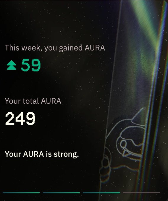 A screenshot of an app interface displaying "This week, you gained AURA 59," with a "total AURA" of 249 and the message "Your AURA is strong," matching the poster's claim of earning 59 AURA this week on Bulk Trade's Aura day.