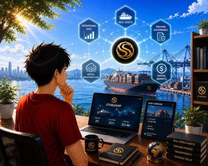 A person sits at a desk viewing a laptop displaying the 'ETHRASHIP' logo, with digital overlay icons representing 'OPERATIONAL DATA', 'REAL ASSETS', 'ONCHAIN GOVERNANCE', 'DIGITAL INFRASTRUCTURE', and 'CAPITAL MARKETS', and stacked books labeled 'REAL WORLD ASSETS', 'ONCHAIN FINANCE', 'TRANSPARENCY', and 'TANGIBLE VALUE'.