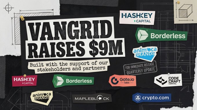 A graphic announcement reading 'VANGRID RAISES $9M' with the tagline 'Built with the support of our stakeholders and partners,' featuring logos of partners including HASKEY Capital, Borderless, animoca BRANDS, Gate.io Labs, CODE CRAFT CAPITAL, MAPLEBLOCK, and crypto.com.