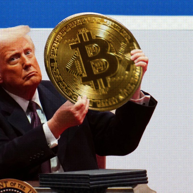Donald Trump holds a large golden Bitcoin coin featuring the 'B' logo and text around the rim.