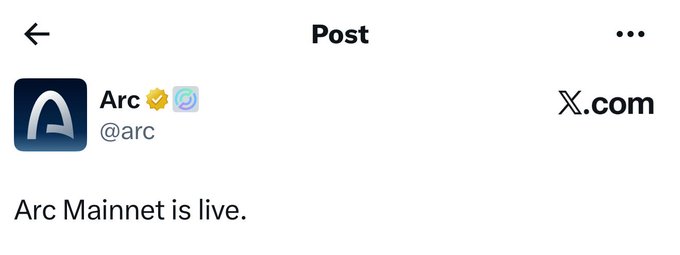A screenshot of an X.com post from Arc (@arc) displaying the text "Arc Mainnet is live." The post, which announces the official launch of Arc Mainnet with LiFi/Jumper as a bridge provider, is shared to highlight the network's live status.