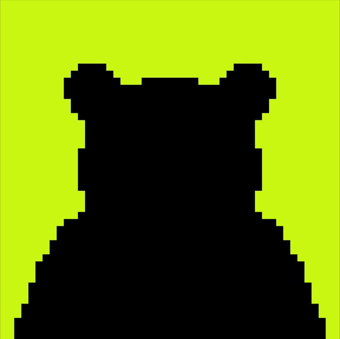 A pixel-art style black silhouette of an animal, possibly a bear or cat, set against a bright yellow-green background.