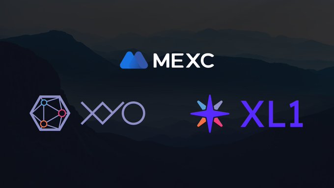 The image features the MEXC logo alongside the XYO and XL1 logos, promoting that both tokens are available for trading on the MEXC exchange platform, as noted in the accompanying post.