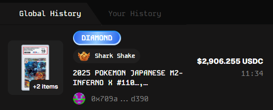 A digital transaction history screen shows a sale of '2025 POKEMON JAPANESE M2-INFERNO X #118' for $2,906.255 USDC by user 'Shark Shake'.