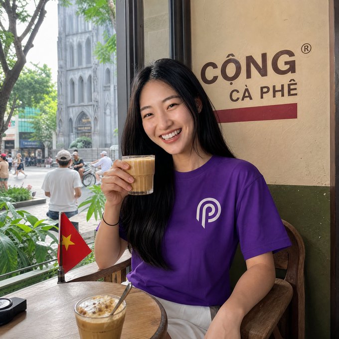 In the image, a young woman with long hair is sitting at an outdoor cafe table while holding up her purple t-shirt which features a white logo with two lines underneath. She is smiling and drinking coffee from a mug with another one on the table behind her. The cafe appears to be situated in a city setting with multiple people around. In the foreground, there are chairs where other patrons might be seated as well.

The image also includes several elements that seem unrelated to the main scene – there is a flag and a cup on the table next to the woman's t-shirt, indicating that it could potentially be an advertisement for the cafe or some product associated with the location. Additionally, there are two other cups placed near other chairs, suggesting that the cafe might be crowded or popular among its patrons. The presence of these elements adds more context to the scene and emphasizes the social aspect of the setting.
