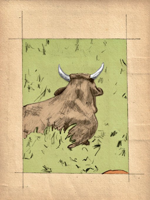 A hand-drawn illustration depicts a brown bull resting in a green pasture, viewed from behind with its white horns and head turned slightly. The artwork visually interprets the post's metaphor of a "resting bull," symbolizing bullish sentiment and optimism within the XRP community.